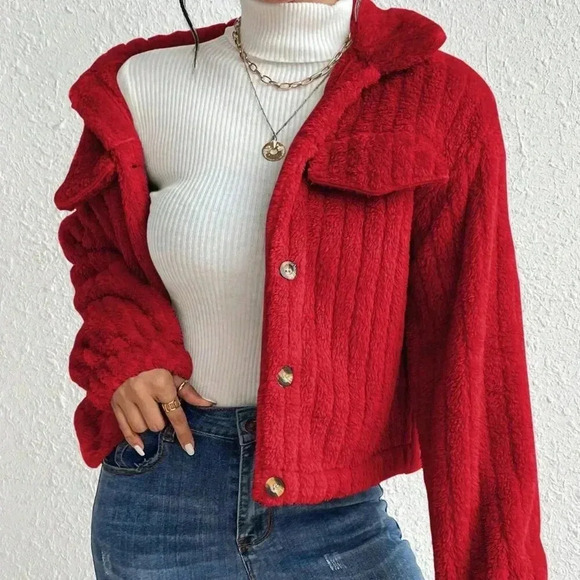 Red Casual Women's Plush Flap Jacket - Picture 3 of 6